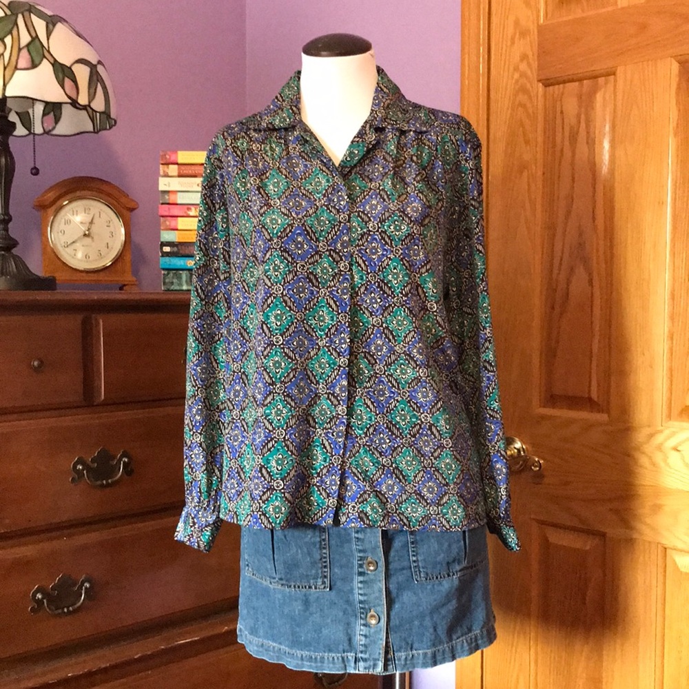 NOTATIONS 🌟 Vintage Petite Button Down Blouse, lightweight, print